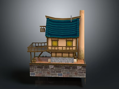 Traditional Japanese Style Wooden Building With Blue Roof Balcony And Yellow Windows On Stone Base 3d model