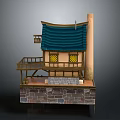Traditional Japanese Style Wooden Building With Blue Roof Balcony And Yellow Windows On Stone Base