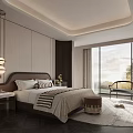 Elegant Modern Bedroom Interior With King Bed Nightstand Hanging Lamp Large Window And Armchair