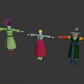 Traditional Asian Clothing Featuring Colorful Robes and Hats on Three Figures with Arms Outstretched