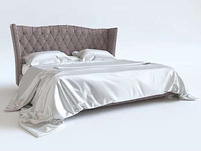 Modern Double Bed With Tufted Gray Headboard And Silky White Bedding 3d model