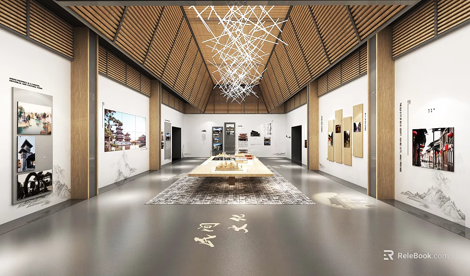Modern Exhibition Hall Interior With Wooden Ceiling Artworks Chandelier And Central Display Rug 3d model 