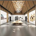 Modern Exhibition Hall Interior With Wooden Ceiling Artworks Chandelier And Central Display Rug