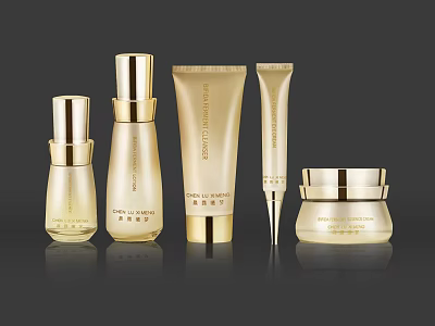 Elegant Gold Cosmetic Skincare Collection With Various Bottles Tubes And Jars 3d model