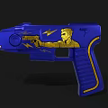 Blue Toy Gun Design With Gold Accents Yellow Figure And Lightning Bolt Patterns