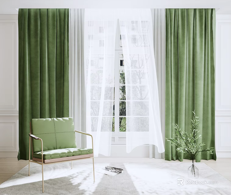 Green Velvet Curtains And White Sheer Curtains In Bright Room With Window View And Plant 3d model 