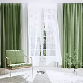 Green Velvet Curtains And White Sheer Curtains In Bright Room With Window View And Plant