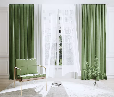 Green Velvet Curtains And White Sheer Curtains In Bright Room With Window View And Plant 3d model