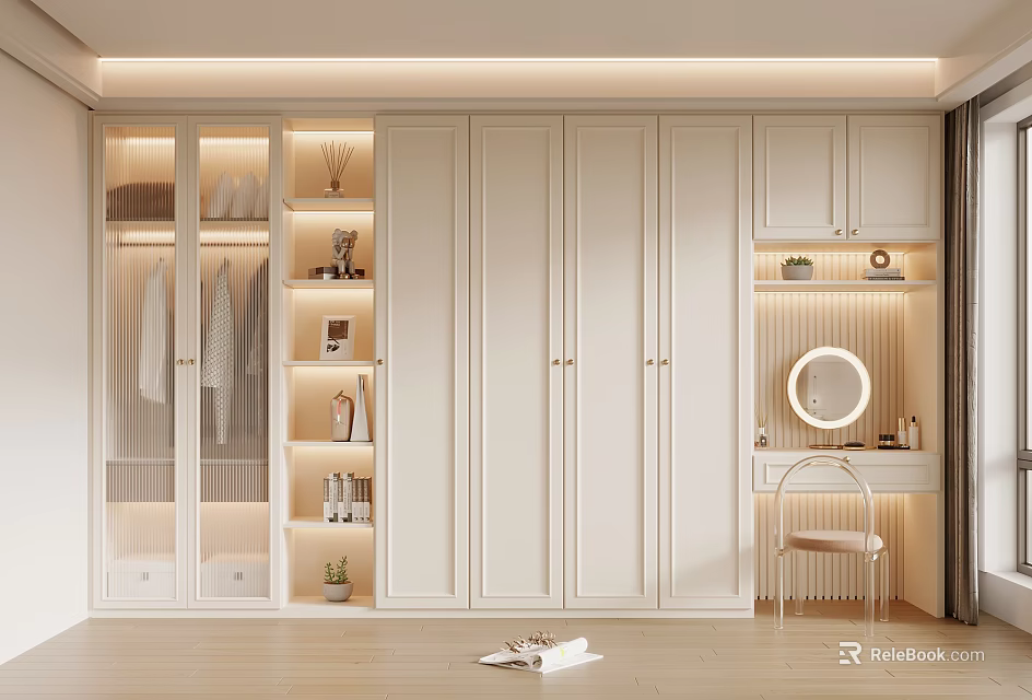 Modern Luxury Wardrobe Interior Design With Glass Doors Open Closet And Vanity Lights 3d model 