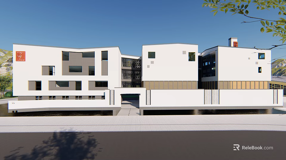 Modern White Multi Storey Building With Gray And Wooden Facade Elements 3d model