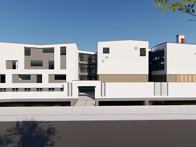 Modern White Multi Storey Building With Gray And Wooden Facade Elements 3d model