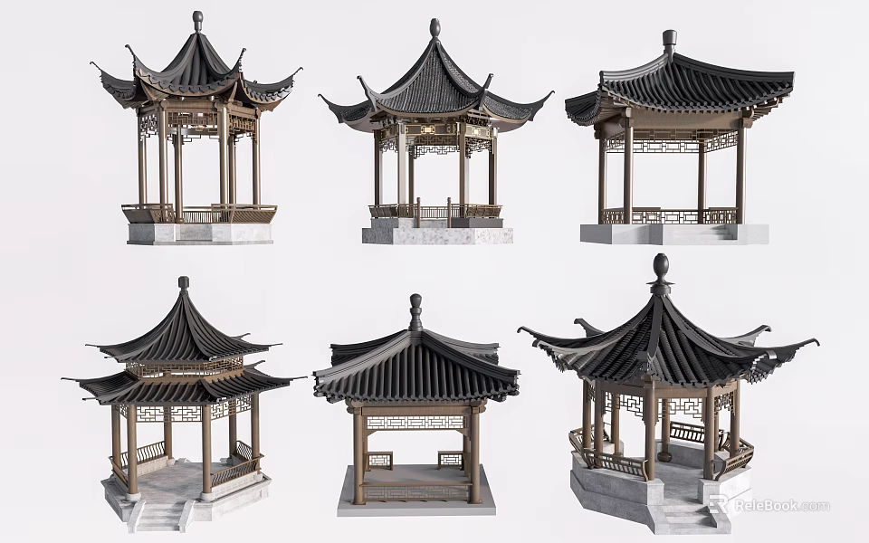 Chinese Traditional Pavilions In Different Styles With Classic Roof And Wooden Structures 3d model 