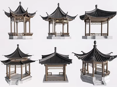 Chinese Traditional Pavilions In Different Styles With Classic Roof And Wooden Structures 3d model