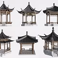 Chinese Traditional Pavilions In Different Styles With Classic Roof And Wooden Structures
