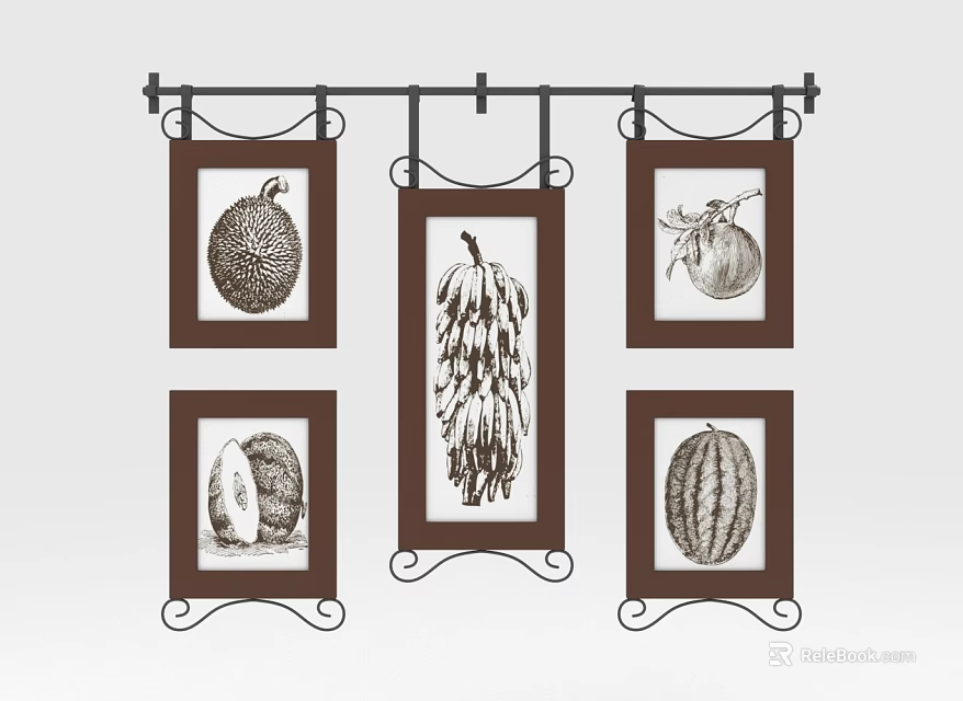 Botanical Prints Wall Decor With Brown Framed Fruit Vegetable Sketches And Black Metal Hanger 3d model 