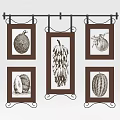 Botanical Prints Wall Decor With Brown Framed Fruit Vegetable Sketches And Black Metal Hanger