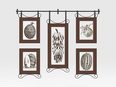Botanical Prints Wall Decor With Brown Framed Fruit Vegetable Sketches And Black Metal Hanger 3d model