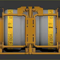 Two Orange Industrial Machinery Units With Metal Frames Black Bolts And Yellow Straps