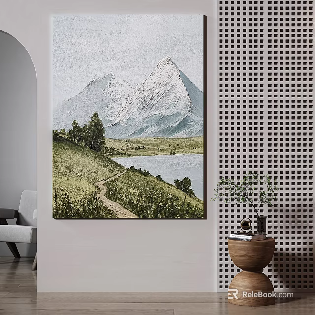Scenic Landscape Painting With Snowy Mountains Green Meadow Pathway Calm Lake And Trees 3d model 