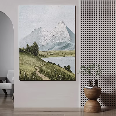 Scenic Landscape Painting With Snowy Mountains Green Meadow Pathway Calm Lake And Trees 3d model