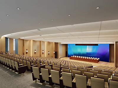 Modern Conference Room With Rows Of Seats Large Screen And Wooden Walls 3d model