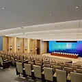 Modern Conference Room With Rows Of Seats Large Screen And Wooden Walls