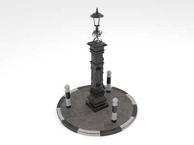Public Facility With Ornate Lamp Post Decorative Design Surrounding Bollards And Circular Stone Pavement 3d model