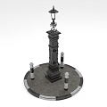 Public Facility With Ornate Lamp Post Decorative Design Surrounding Bollards And Circular Stone Pavement