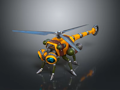 Yellow Mechanical Helicopter With Four Legs And Blue Propeller Robot Design 3d model