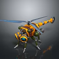 Yellow Mechanical Helicopter With Four Legs And Blue Propeller Robot Design