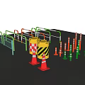 Safety Fence With Green Red Poles Traffic Cones And Striped Warning Barrels For Construction