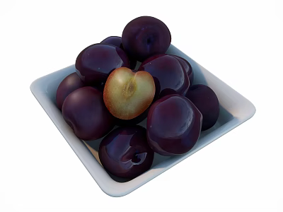 Ripe Purple Plums in White Square Plate with Halved Juicy Flesh and Seed 3d model
