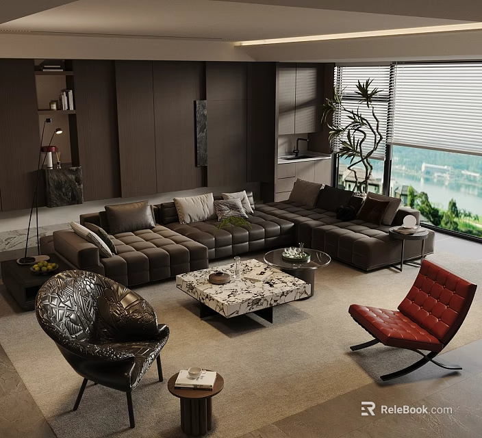 Modern Sofa and Coffee Table Set with Red Black Armchairs Floor to Ceiling Windows Green Plants 3d model 