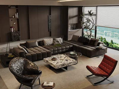 Modern Sofa and Coffee Table Set with Red Black Armchairs Floor to Ceiling Windows Green Plants 3d model