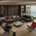 Modern Sofa and Coffee Table Set with Red Black Armchairs Floor to Ceiling Windows Green Plants
