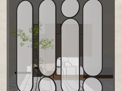 Modern Interior Room Divider With Curved Metal Frame Circular Cutouts And Green Plant 3d model