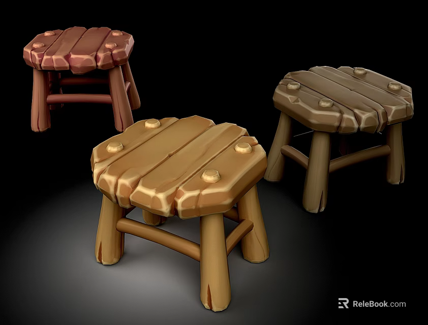 Three Different Colored Wooden Stools With Rustic Design Textured Surface And Wooden Legs 3d model 