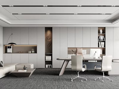 Modern Office Interior With Gray Tones Open Layout Desk Computer Sofa Bookshelf And Pendant Lights 3d model