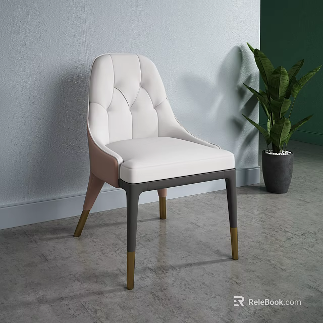 Modern White Dining Chair With Tufted Backrest Upholstered Seat Grey Gold Legs And Green Plant 3d model 
