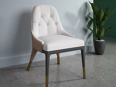 Modern White Dining Chair With Tufted Backrest Upholstered Seat Grey Gold Legs And Green Plant 3d model