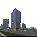 Modern Office Building With Glass Curtain Walls Tall Structures Road Cars Trees Blue Sky