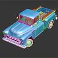 Vintage Blue Pickup Truck With Wooden Bed Rails White Wheels And Chrome Accents