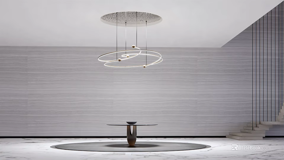 Modern Circular Metal Chandelier Hanging In Interior With Gray Striped Wall And Round Table 3d model 