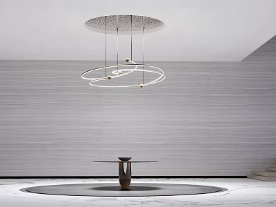 Modern Circular Metal Chandelier Hanging In Interior With Gray Striped Wall And Round Table 3d model
