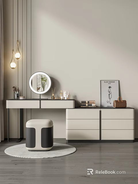 Elegant Modern Dressing Table With Round Mirror Pendant Lights Cosmetics And Storage Cabinets 3d model 