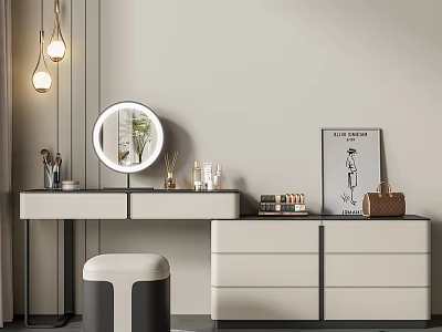 Elegant Modern Dressing Table With Round Mirror Pendant Lights Cosmetics And Storage Cabinets 3d model