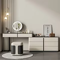Elegant Modern Dressing Table With Round Mirror Pendant Lights Cosmetics And Storage Cabinets