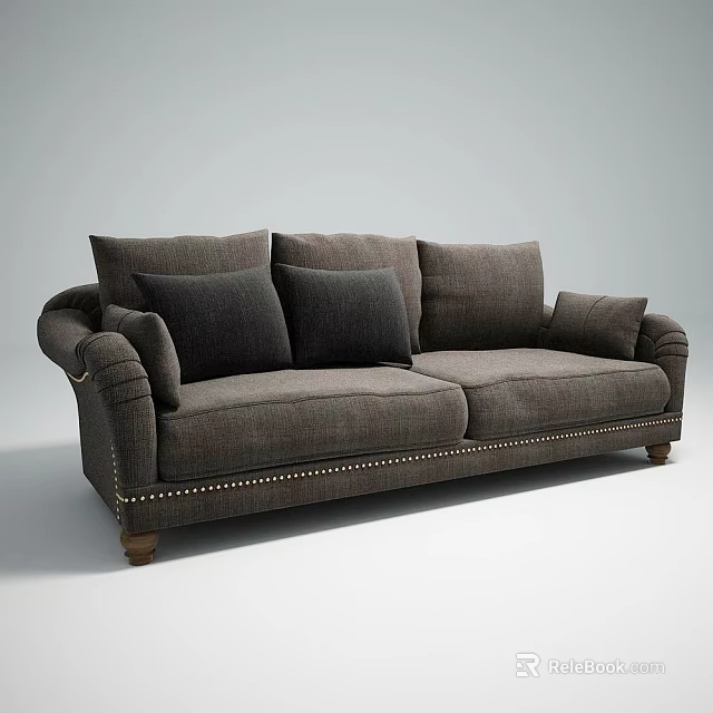 Dark Gray Fabric Two Seater Sofa With Studded Trim Wooden Legs And Cushions 3d model 
