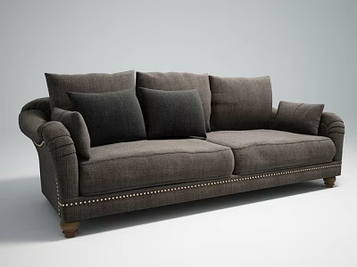 Dark Gray Fabric Two Seater Sofa With Studded Trim Wooden Legs And Cushions 3d model