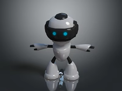 Black And White Robot Character With Blue Eyes White Body And Reflective Base 3d model